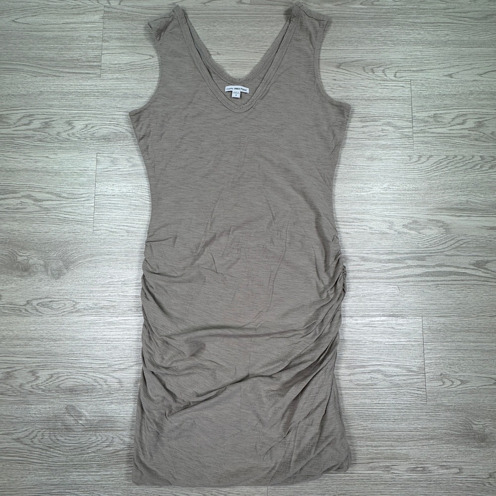 James Perse Women Dress Ruched Side V-Neck Sleeveless Taupe Brown/Tan Size 2